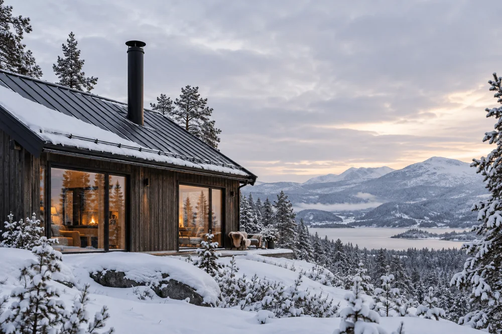 Pipe på taket til en norsk hytte