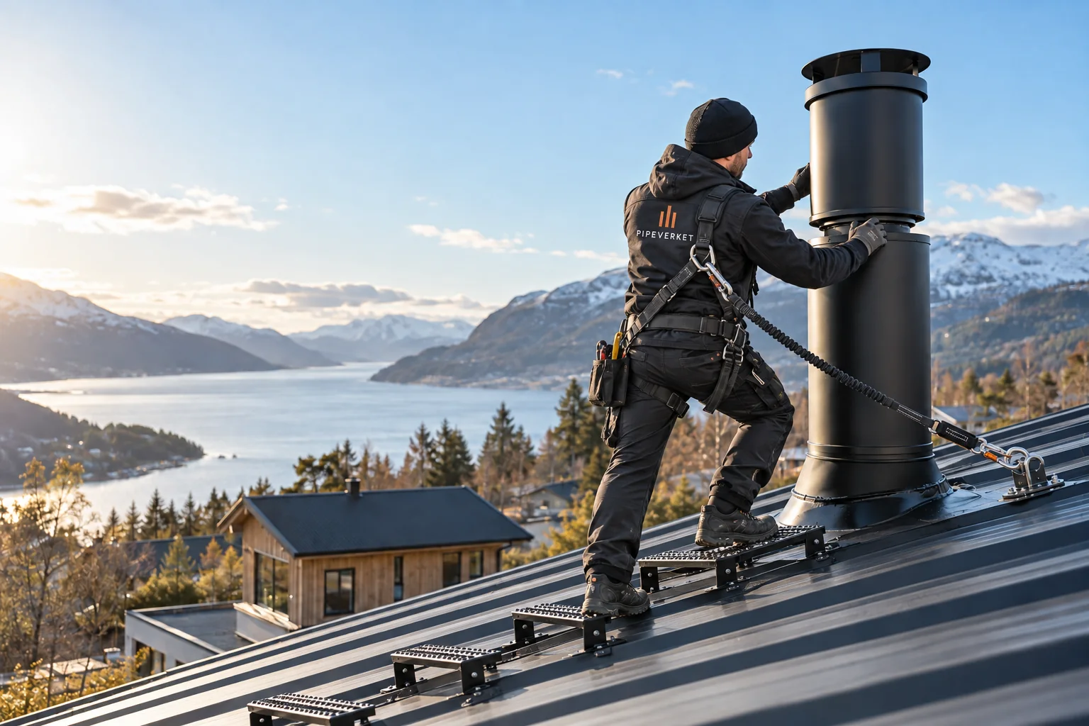 Pipemontør med fallsikring i arbeid på et tak i norske fjellomgivelser
